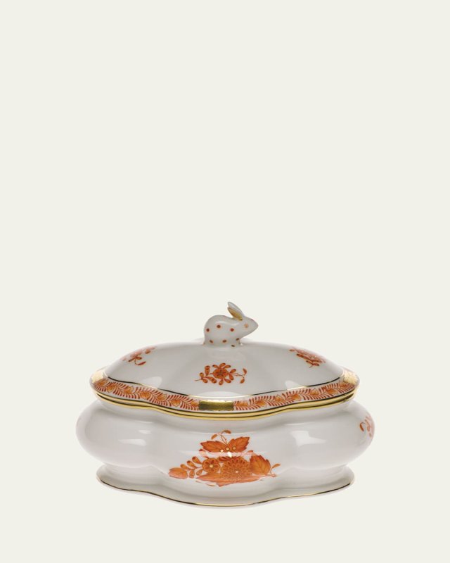 Chinese Bouquet Rust Covered Porcelain Bonbon Box with Bunny